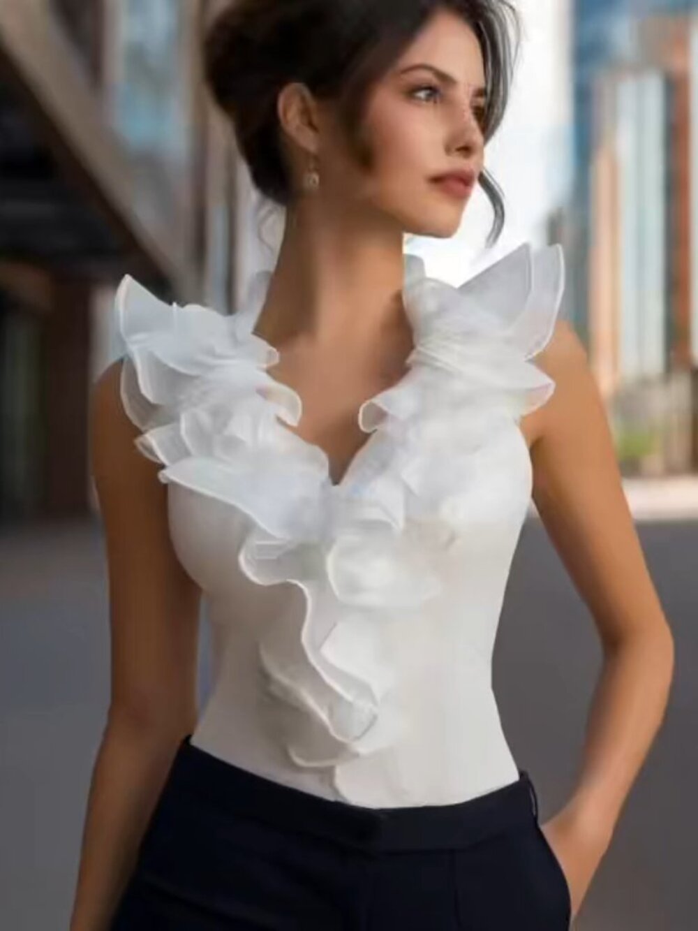 Romantic Atmosphere Moonlight Chiffon Ruffle V-Neck Shirt | Sleeveless Top SZ L